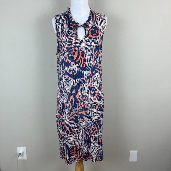 Nic+Zoe Dress Womens Large Blue Orange‎ Printed Linen Modal V-Neck Sleeveless L - Picture 1 of 13
